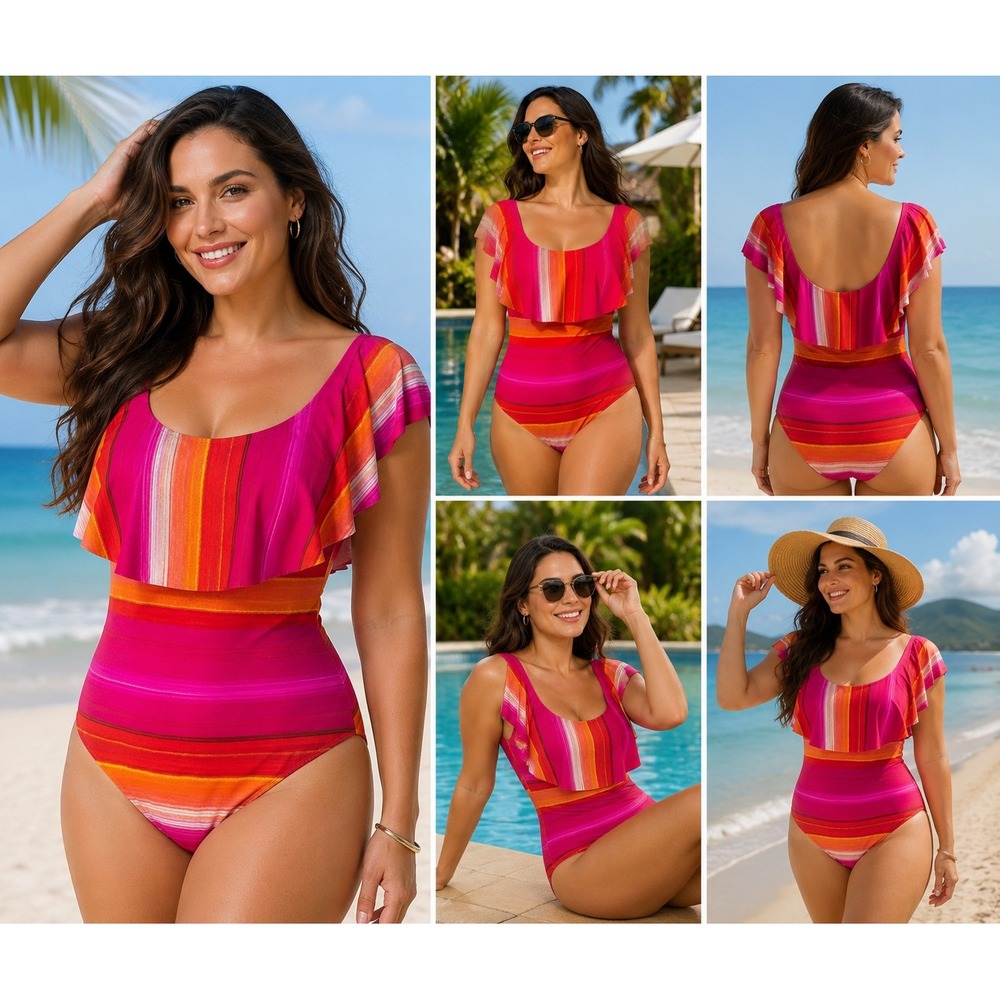 Trina Turk One Piece Bathing Suit Swimsuit 12 Off Shoulder Ruffle Pink Orange